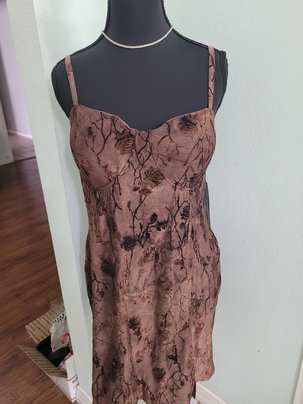 Madden NYC Chicory Coffee Flocked Floral Bustier Dress XL Brown NWT